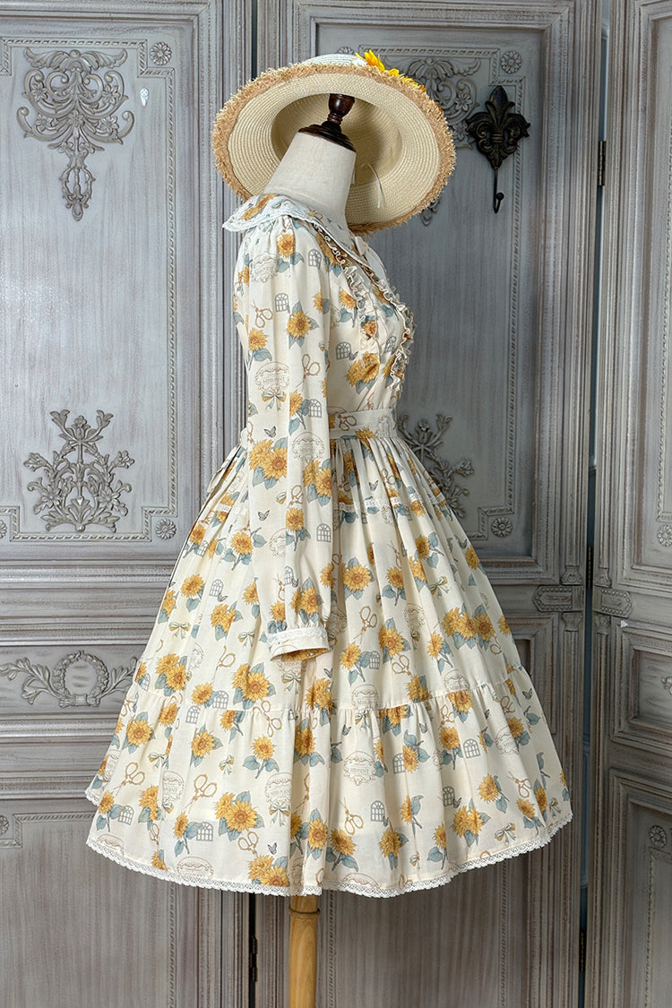 Apricot Sunflower Long Sleeve Floral Bow Elegant Lolita Dress