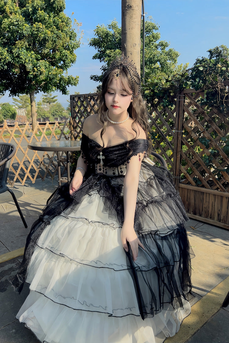 Monochrome Gothic Plus-Size JSK with Lace-Up Front and Hanayome Ruffles - Long