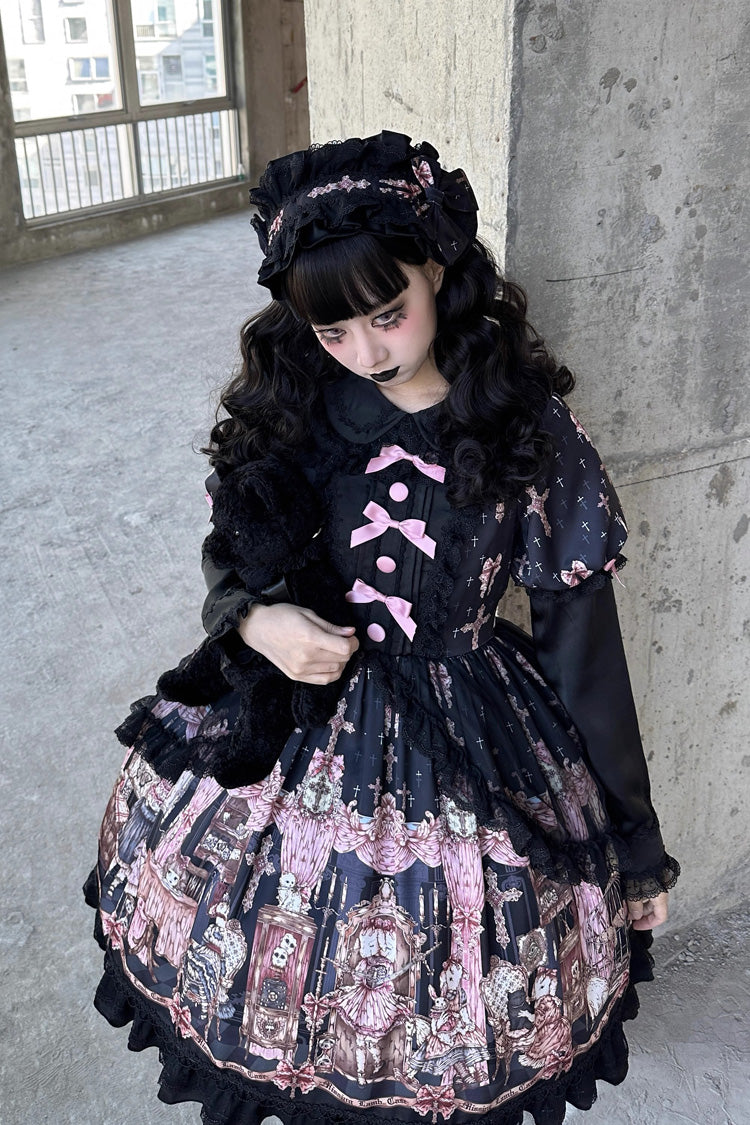Ruffled Lace Dress with Bowknot and Missing Lamb Print