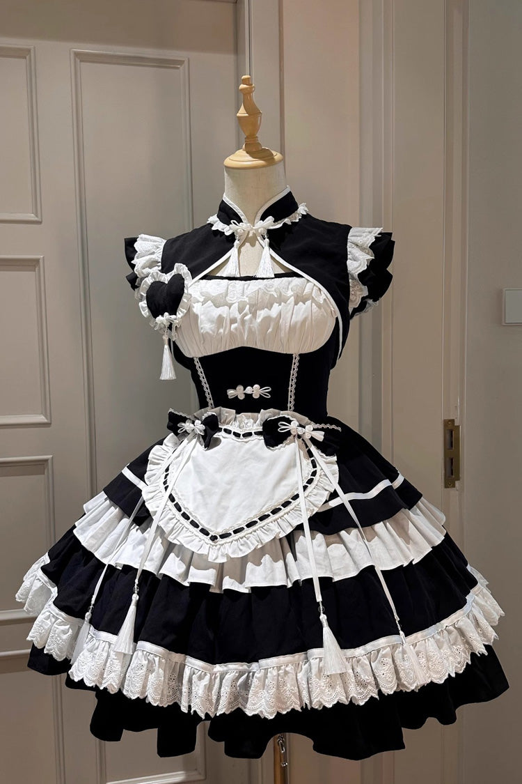 Black and White Layered Ruffle Cheongsam Maid Dress - Gothic Fusion