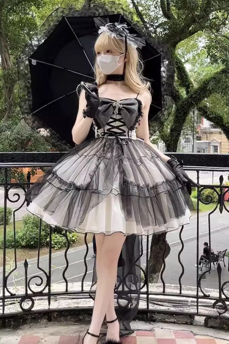 Monochrome Gothic Plus-Size JSK with Lace-Up Front and Hanayome Ruffles - Short