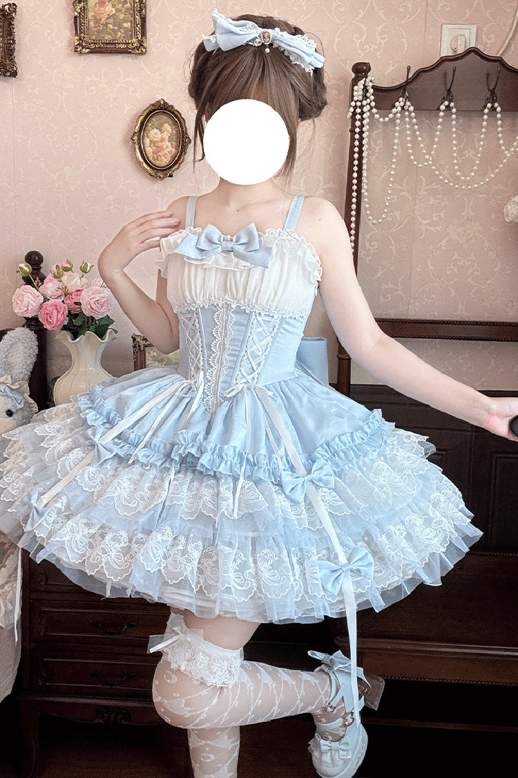 Indigo Sleeveless Triple Ruffle Bow Lace Corset Ballet Jumper Dress - Dance of Time