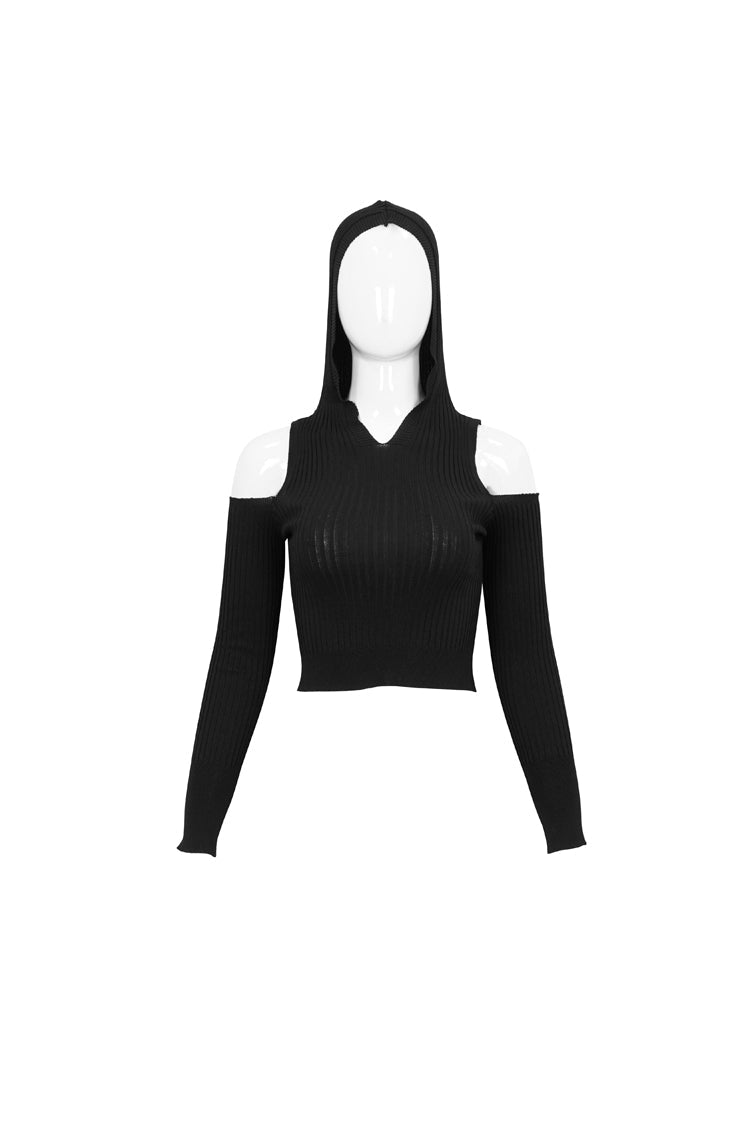 Women's Punk Wool Knit Long Sleeve Sweater with Hooded Off-The-Shoulder Back Cutout Rope String Upside Down Pentagram
