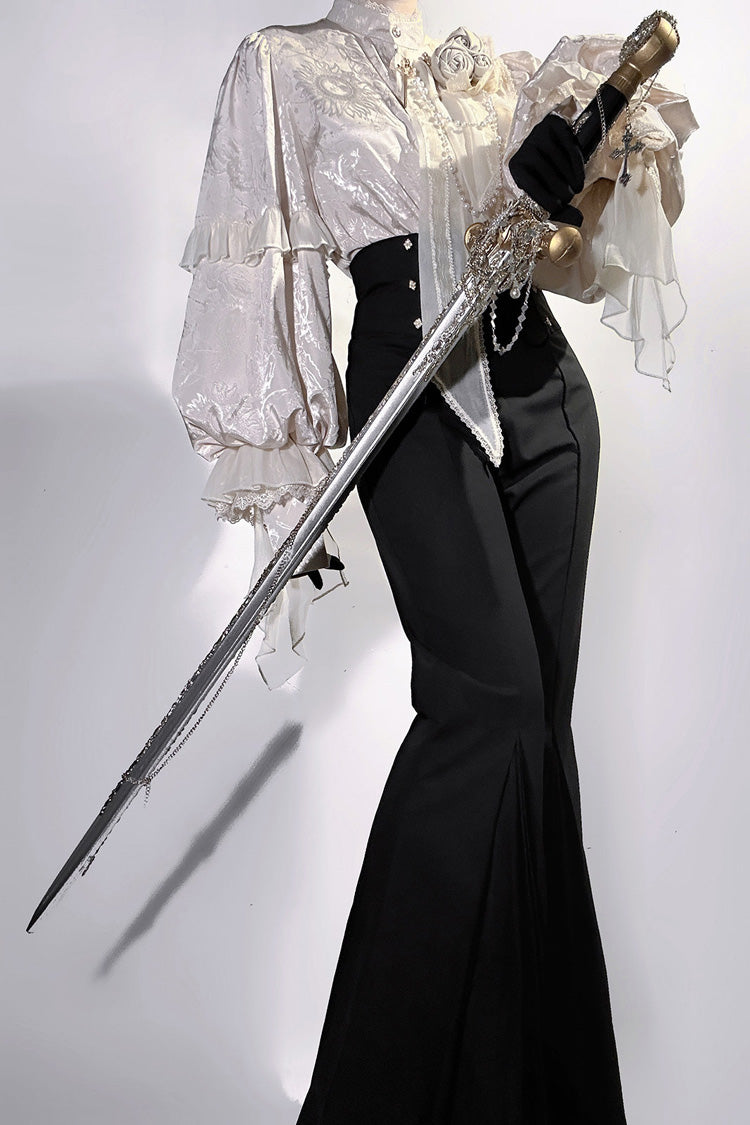 Noir Stand Collar Long Puff Sleeve Ruffled Embroidered Bow Prince Set - The Rose and the Sword