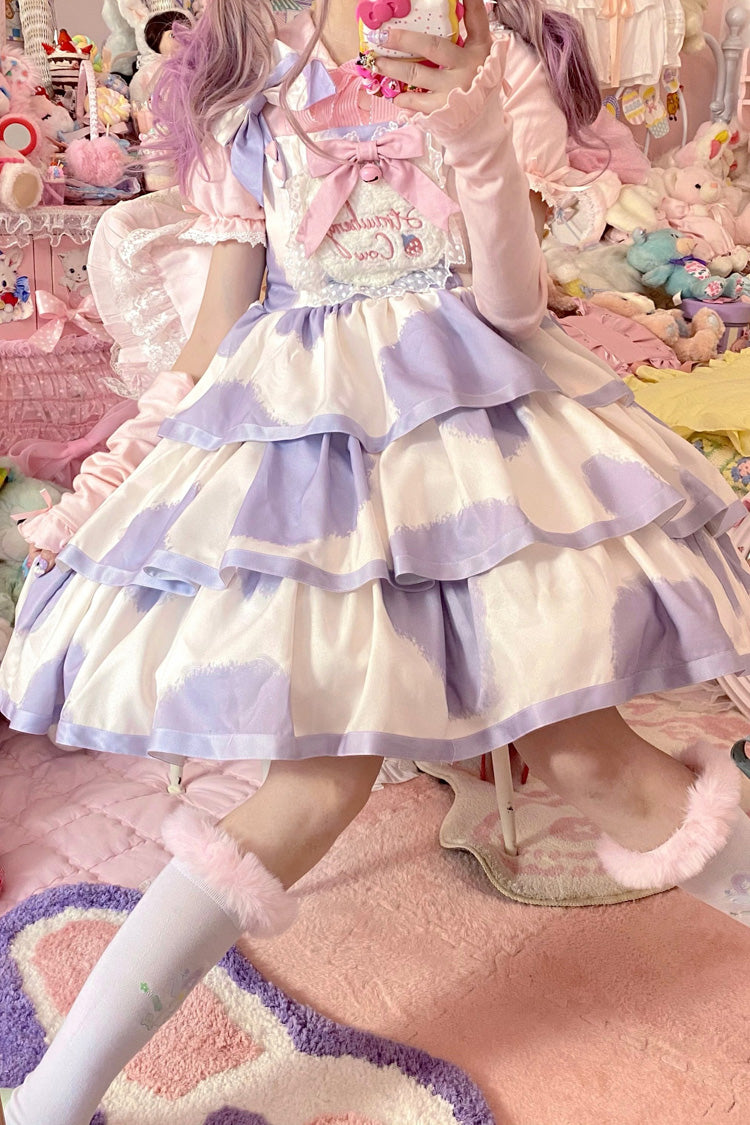 Blue Sleeveless Triple Layer Cow Print Ruffle Bow Sweet Jsk