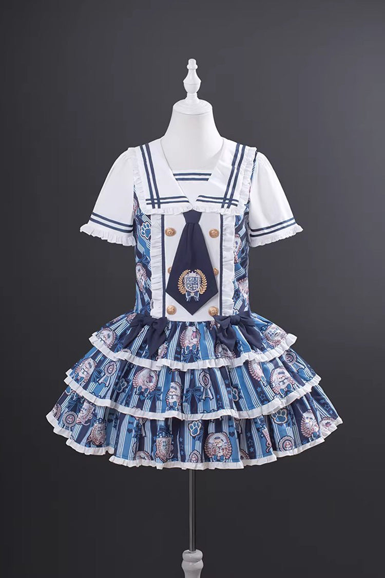 Blue Glory of the Dog Navy Collar Short Sleeves Low Waisted Triple-Layered Printed Ruffled Bow Sweet Dress