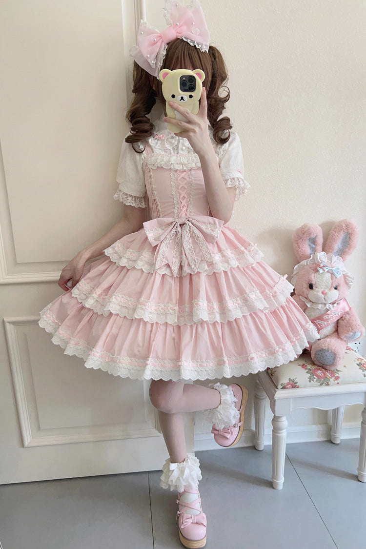 Pink Maiden Heart Triple Layer Ruffle Bow Lace Sweet Jsk