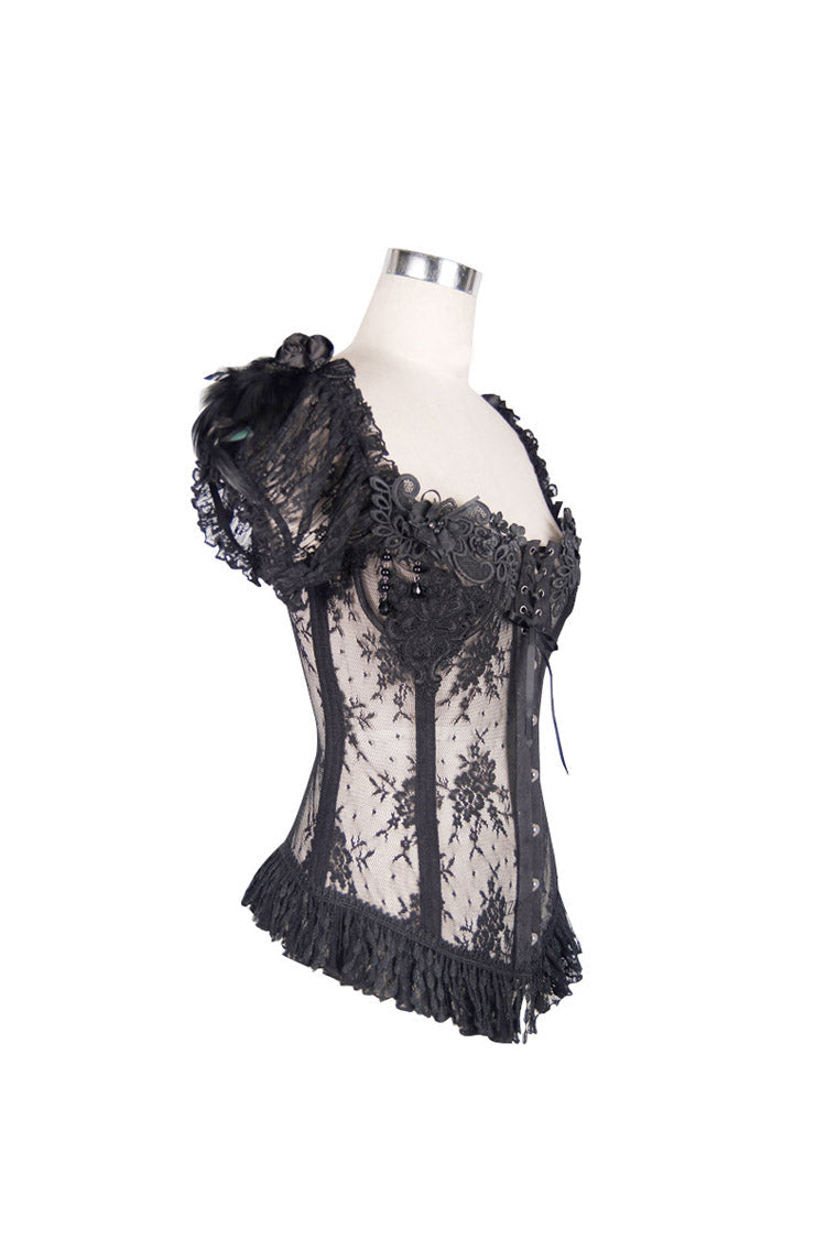 Fishbone Corset with Feather Accents and Lace Detailing