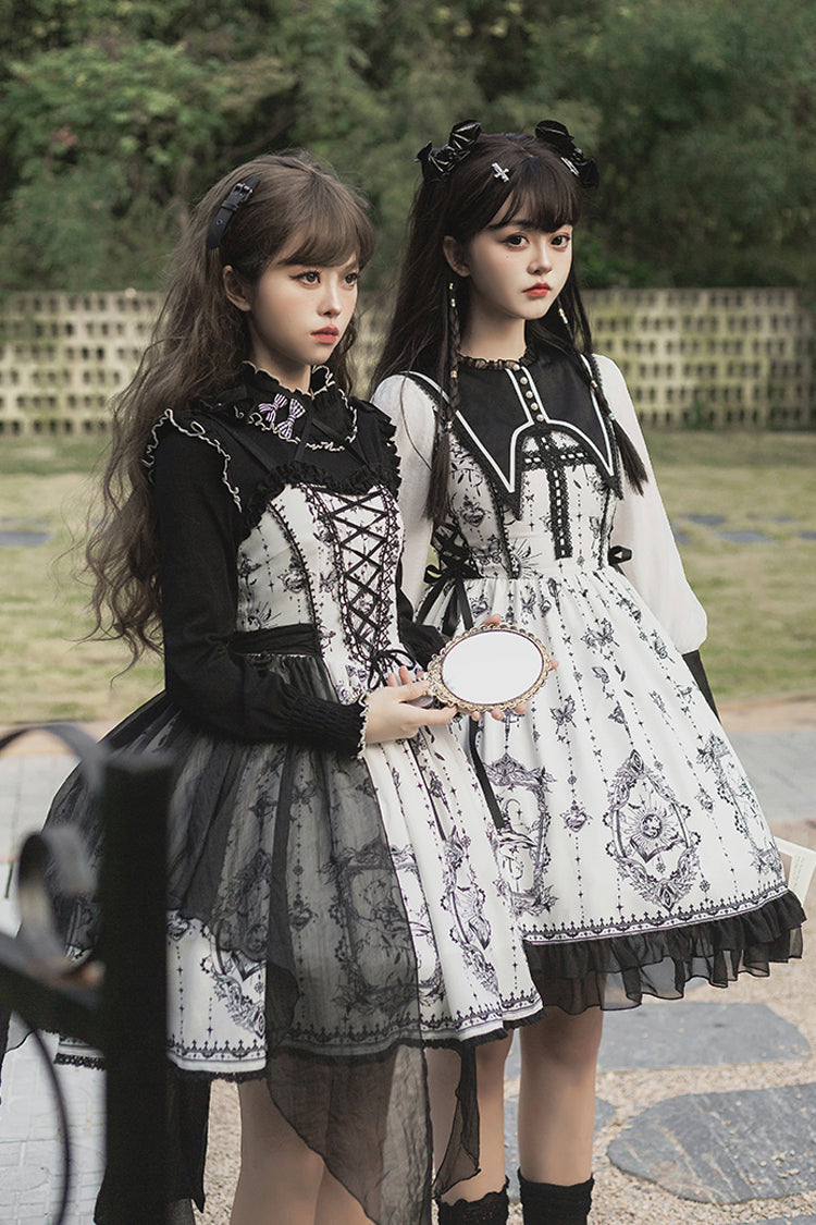 Black and White Sleeveless Gothic JSK Dress with Butterfly Print
