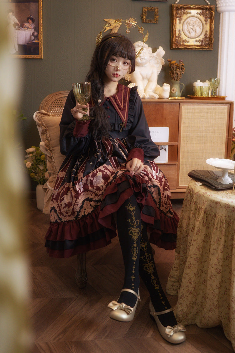Angel Print Long Sleeve Sweet Lolita Dress with Bow and Ruffles