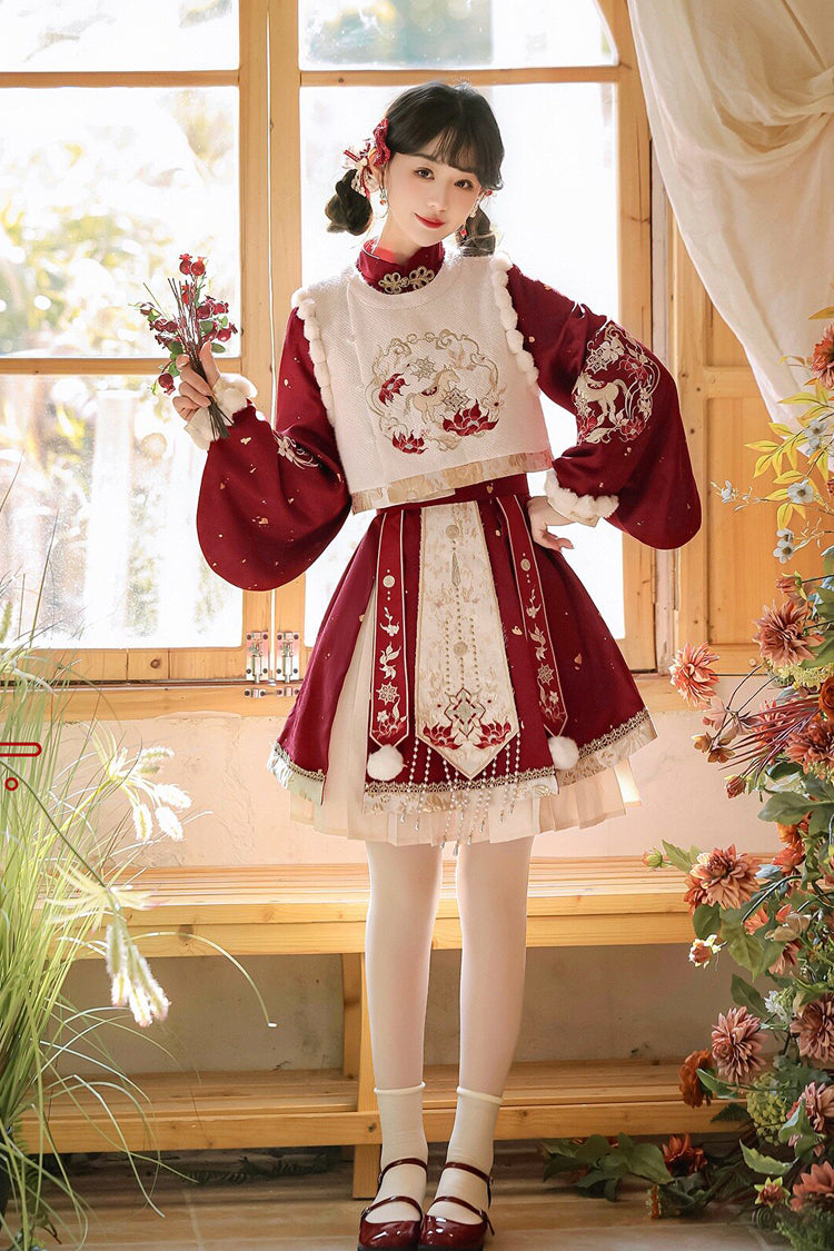 Scarlet The Horse of the New Spring Stand Collar Lantern Sleeve High-Waist Brocade Embroidered Women's Sweet Hanfu Dress Set