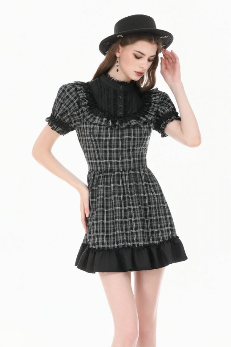 Monochrome Gothic Lolita Dress with Plaid, Stand Collar, and Lace-Up Front