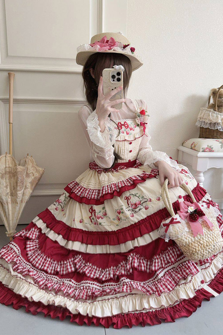 Crimson Strawberry Basket Square Neck Multi-Layer Print Ruffled Embroidered Bow Sweet Lolita JSK