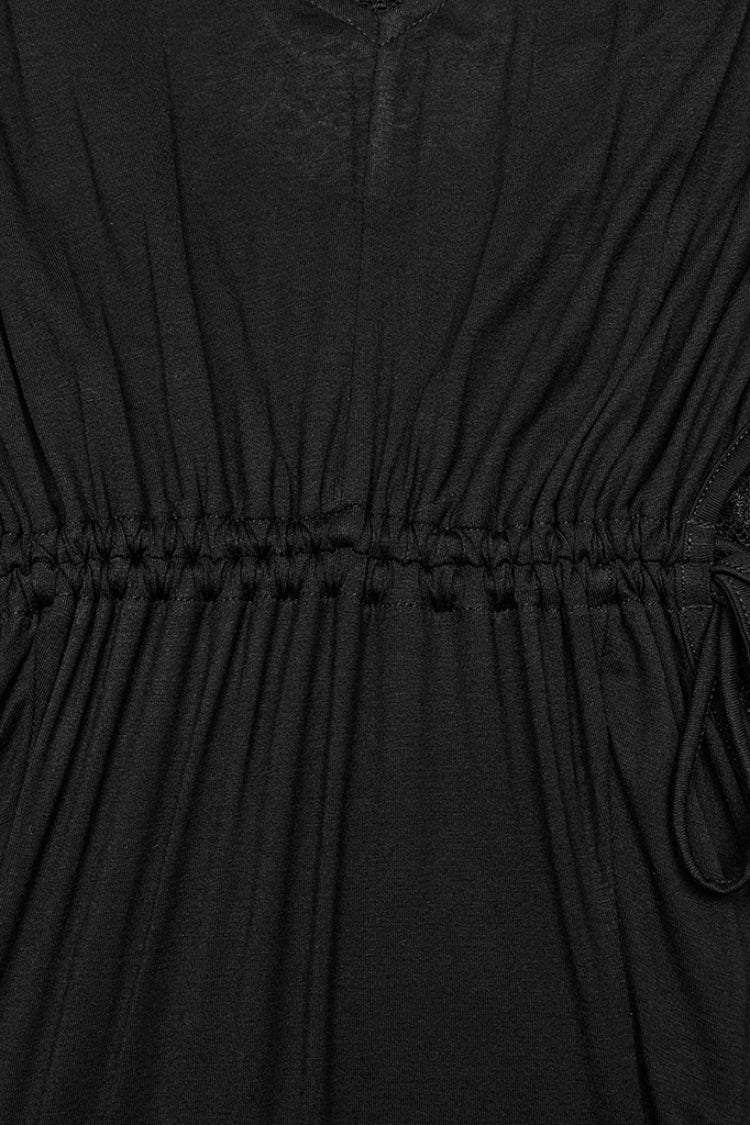 Black V-Neck Long Sleeves Stitching Lace Gothic Drawstring Honeymoon Gown