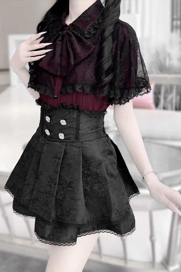 Gothic Embroidered Ruffled Top and Skirt Set with Lace-Up - Dark Moon Shadow