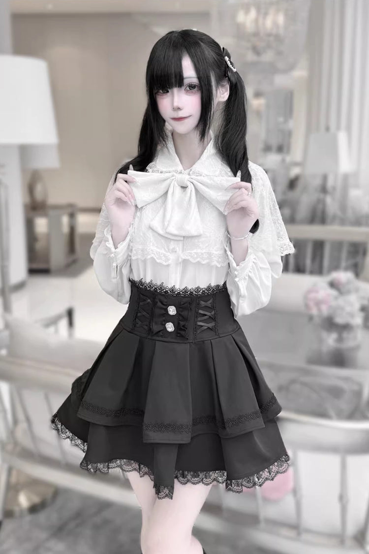 Dark Moon Shadow Double-Layered Ruffled Embroidered Bow Corset Gothic Jirai Kei Top and Skirt Set