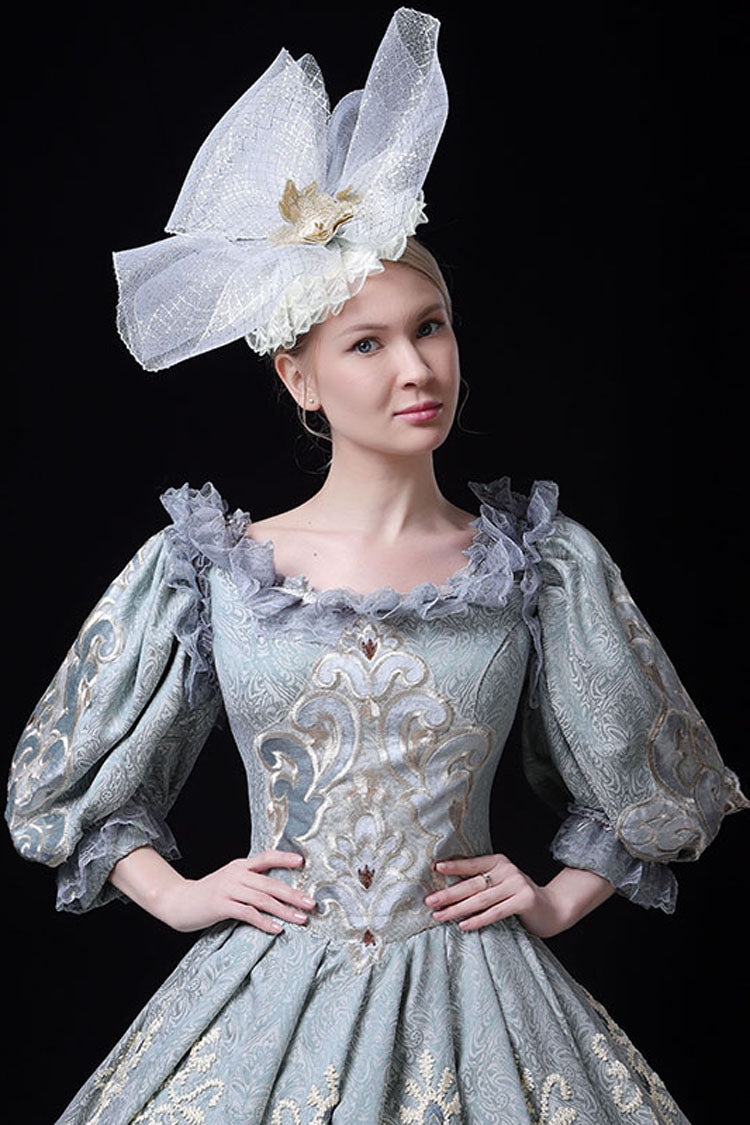Blue Victorian Boat Neck Dress with Floral Embroidery - Altfashion Shop