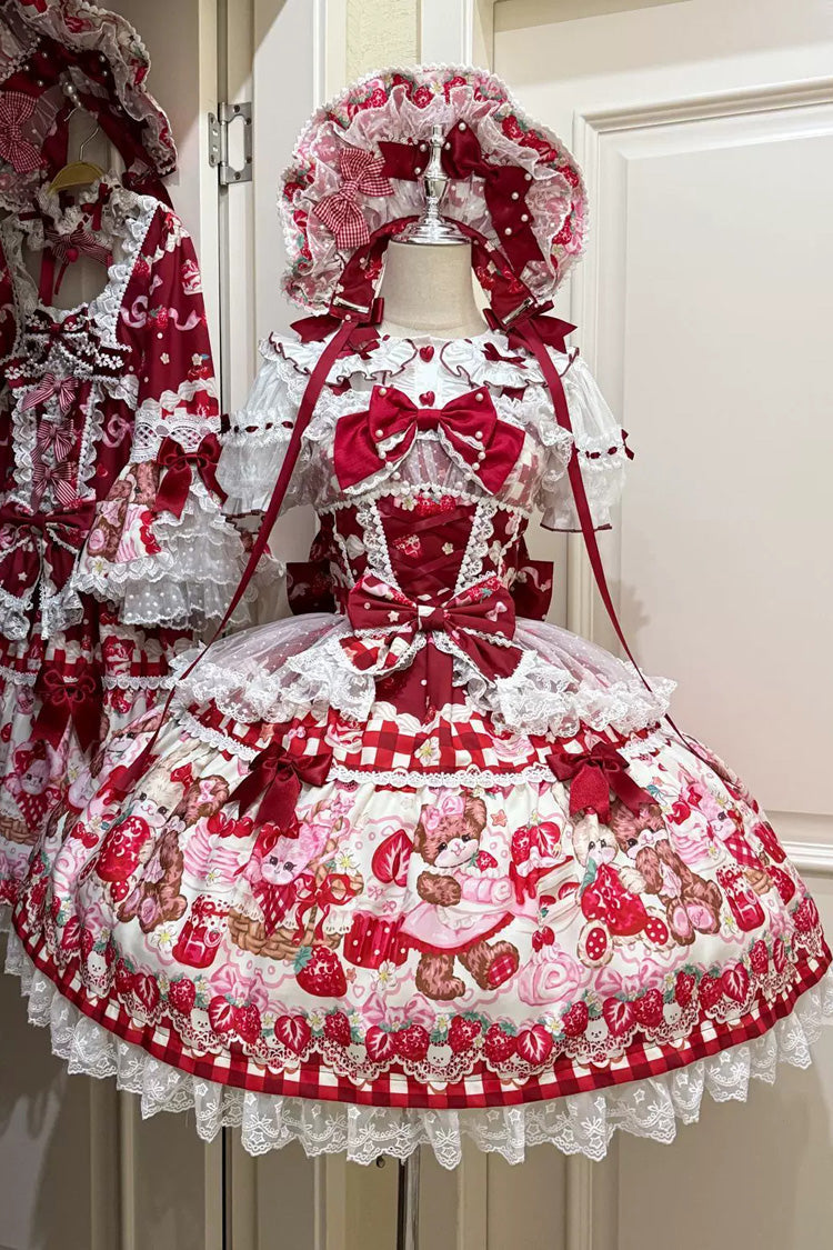 Crimson Sweet Berry Bunny Bear Printed Bow Lace Laced Sweet Lolita Jumper Dress