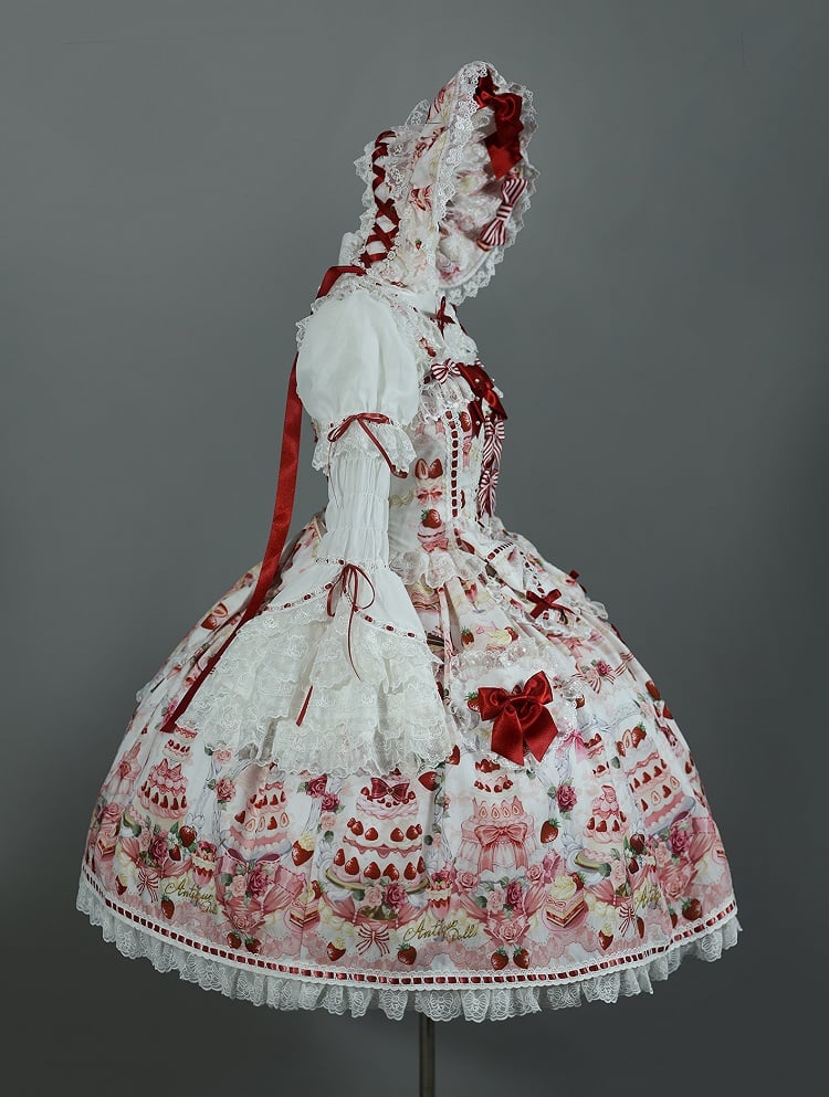 JSK Print Strawberry Sweet Accents and / Lolita White Set Bow Desserts Full
