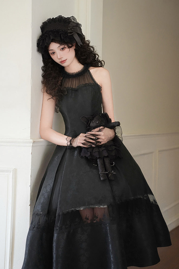 Onyx Off Shoulder Halterneck Printed Ruffle Gothic Elegant Dress - Flowers in the Mist