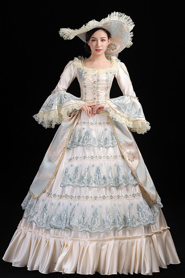 Blue and Champagne Trumpet Sleeve Victorian Gown - Hollow Embroidery