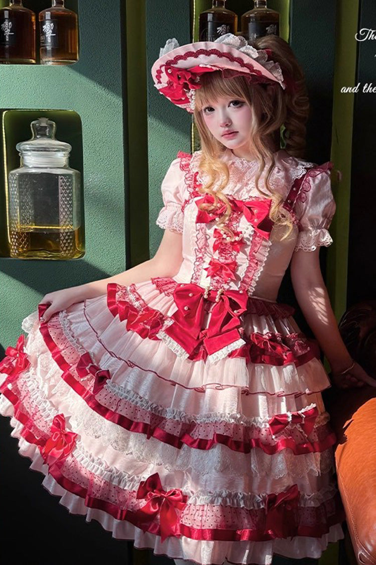 Ribbon Berries Sleeveless Multi-Layered Ruffled Bow Lace Sweet Lolita JSK Dress - Red