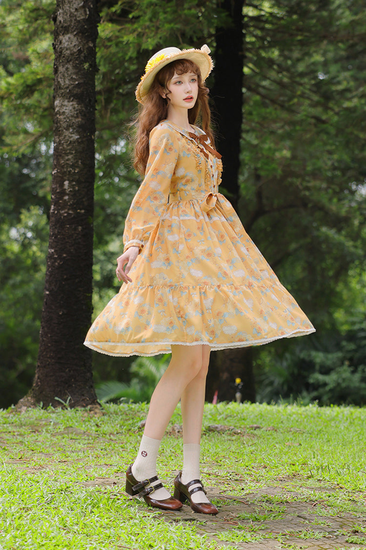 Sunflower Yellow Long Sleeve Floral Bow Elegant Lolita Dress