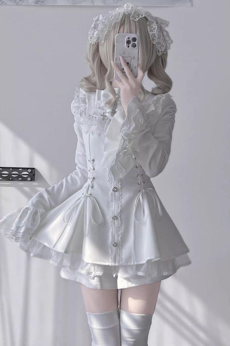 Ivory Flared Sleeves Bow Accent Lace-Up Dark Jirai Kei Set