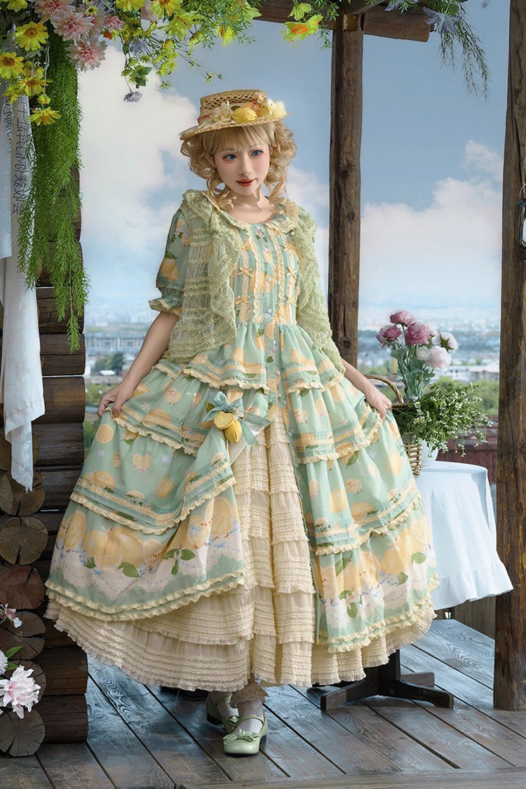 Triple-Layered Print Ruffled Bow Lace Sweet Gorgeous Lolita Dress - Green Lemon Chicken
