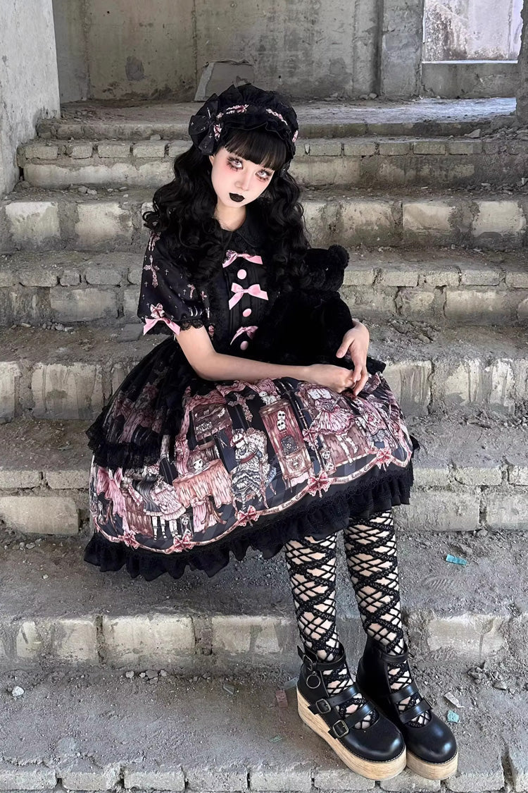 Ruffled Lace Dress with Bowknot and Missing Lamb Print