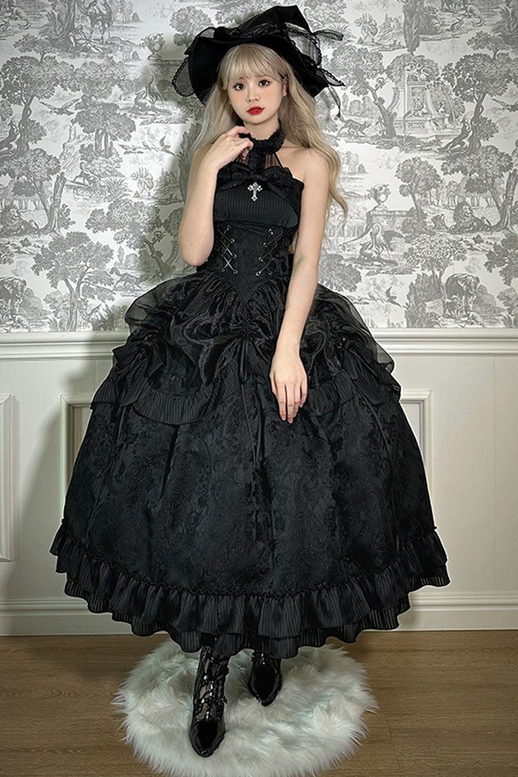 Solid Halterneck Ruffled Bowknot Drawstring Gothic Lolita Dress