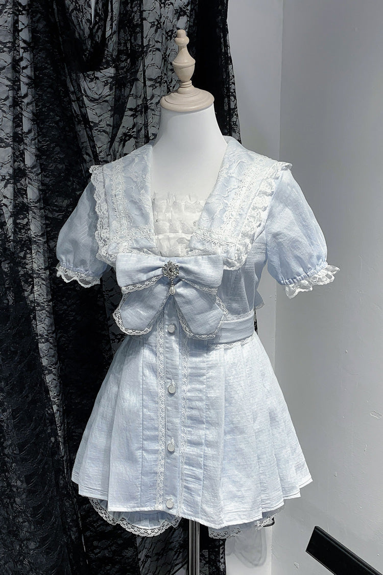 Aqua Short Sleeve Ruffled Bow Lace Sweet Jirai Kei Dress Set