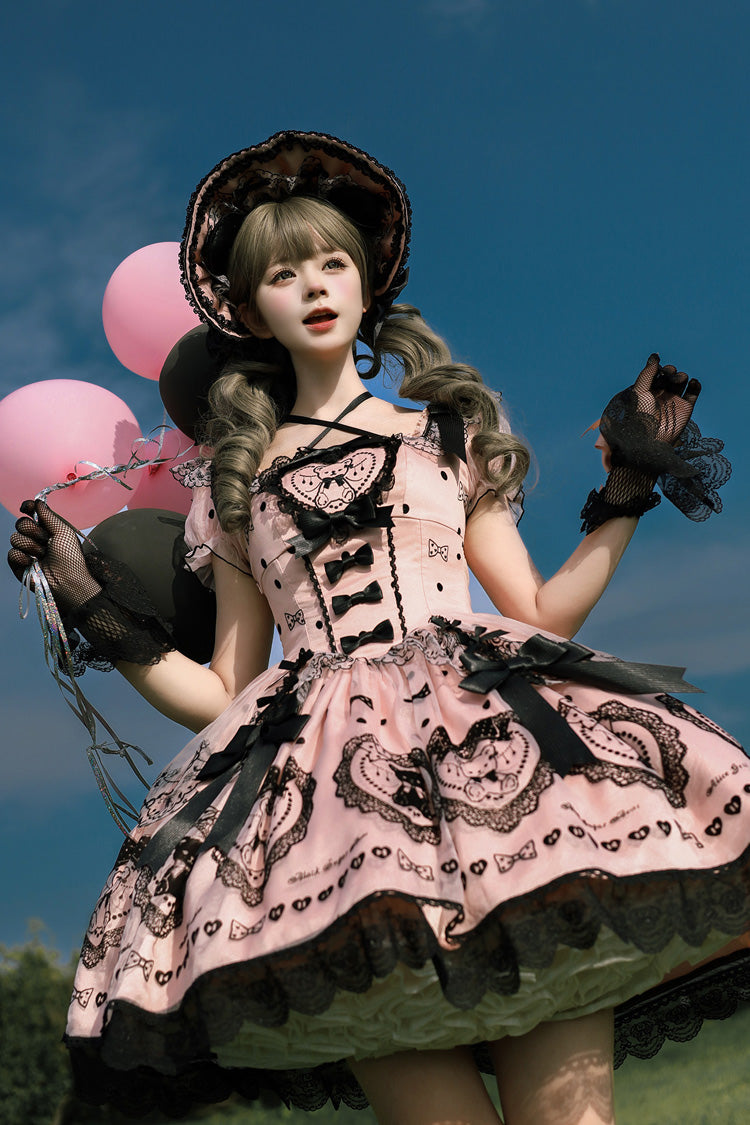 Blush Square Collar Embroidered Bow Lolita Dress with Train - Sugar Bear