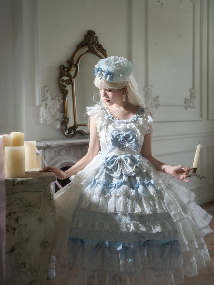 Dress Hime Tiered Skirt Lolita Bows and Hanayome White Blue Decoration