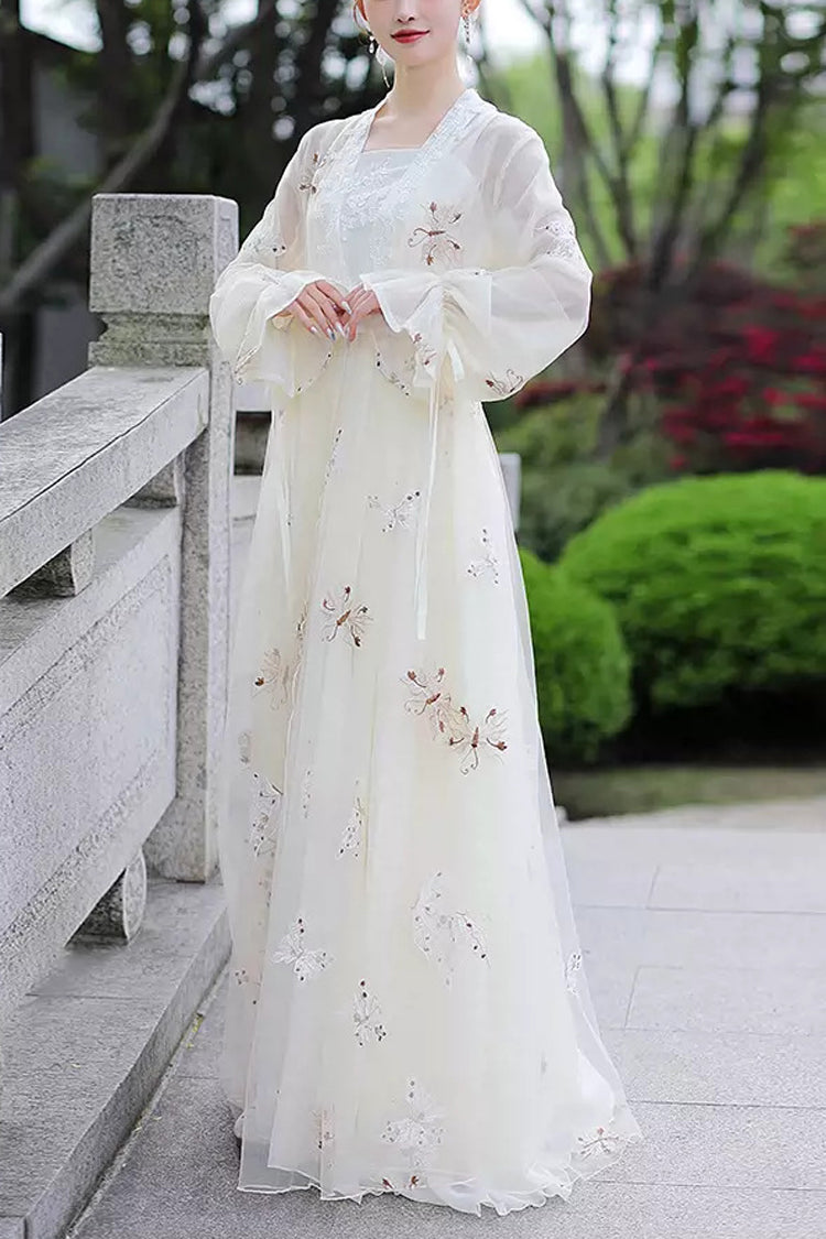 Ivory Butterfly Embroidery Stunning Hanfu Gown