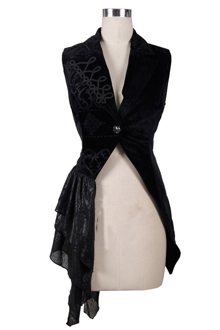 Noir Velvet Gothic Waistcoat with Frog Closures and Asymmetric Hem