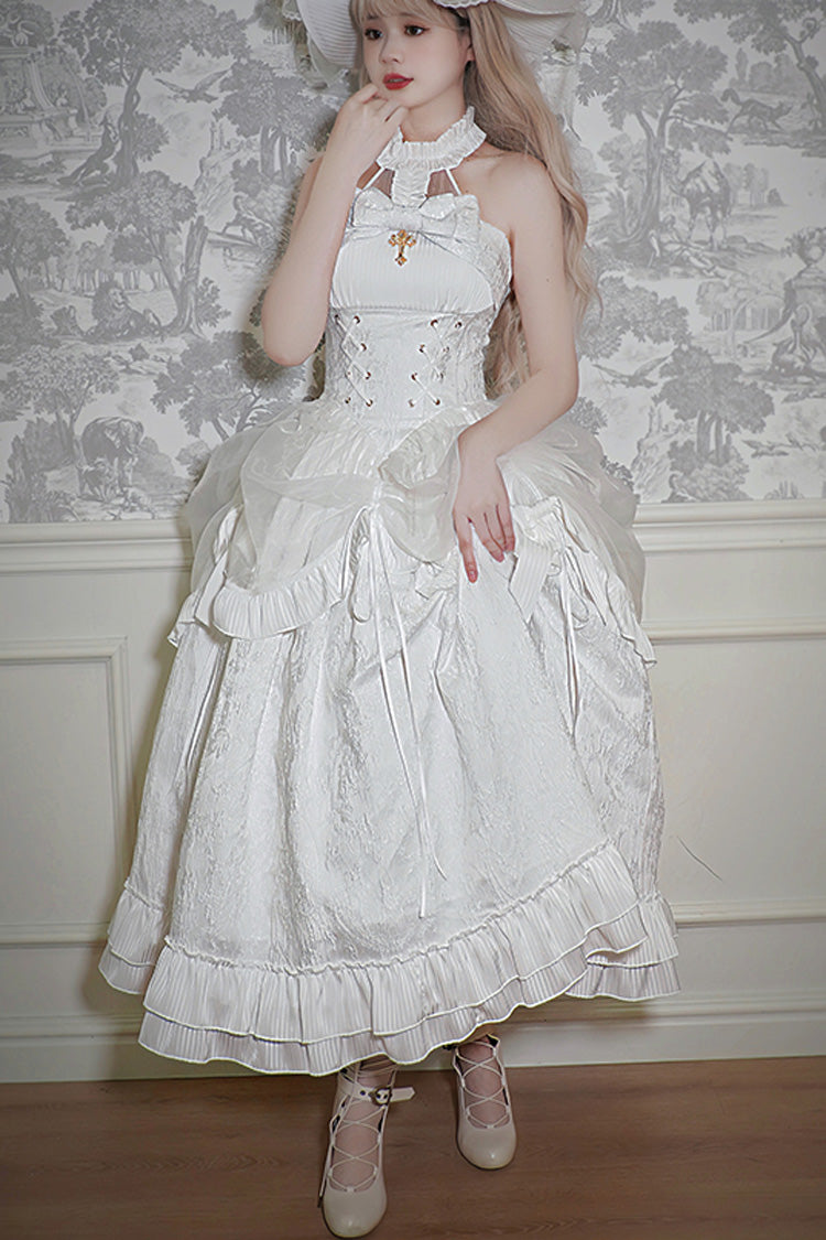 Solid Halterneck Ruffled Bowknot Drawstring Gothic Lolita Dress