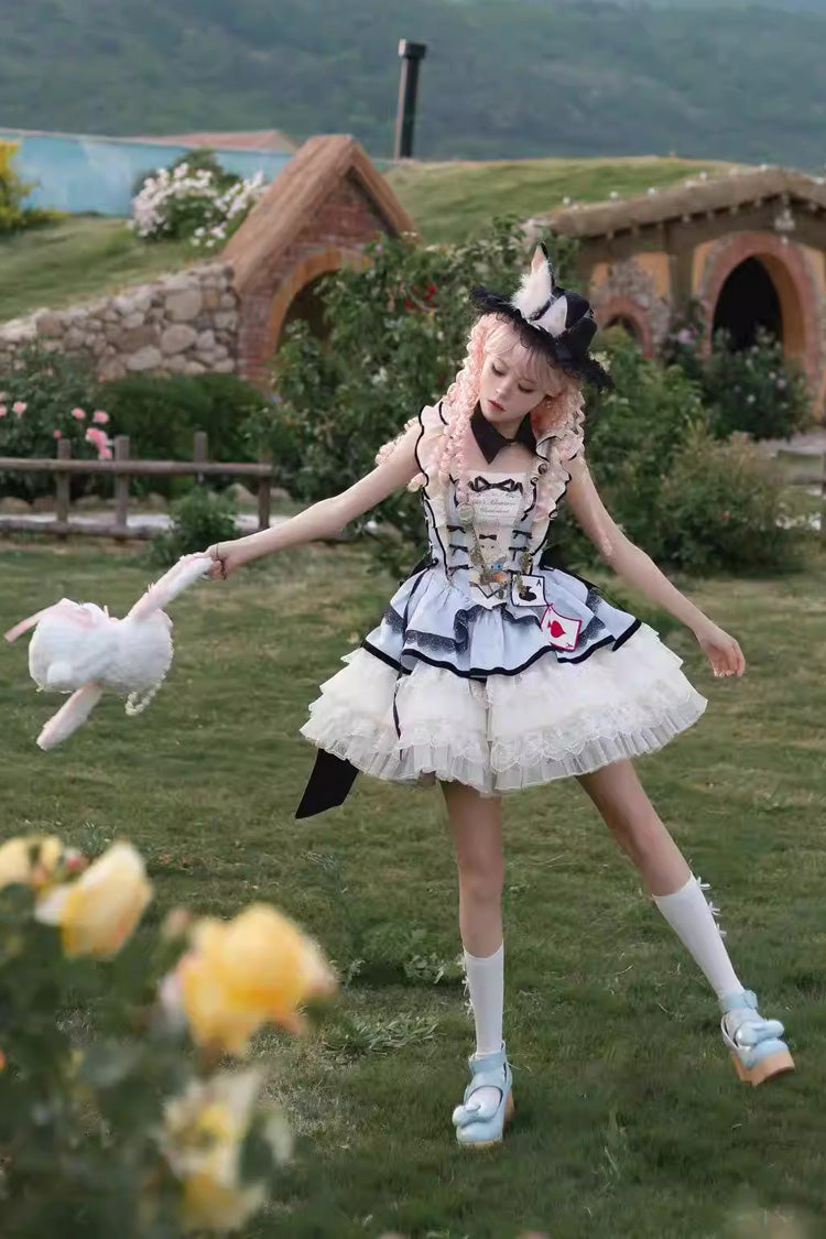 Square Collar Sleeveless Multi-Layered Ruffled Bow Lace Sweet Lolita Jsk Dress - Binky Bunny Magic