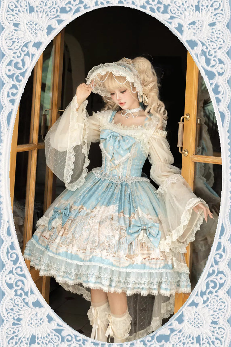 Unicorn Print Sleeveless Multi-Layer Embroidery Bow Lace Sweet Lolita Jumper Gown