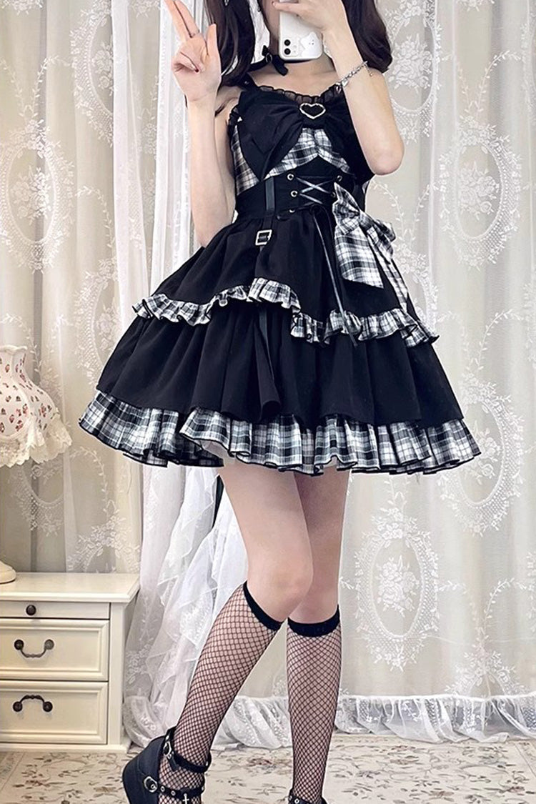Monochrome Gothic JSK with Plaid, Leather Buckle, and Contrast Ruffles