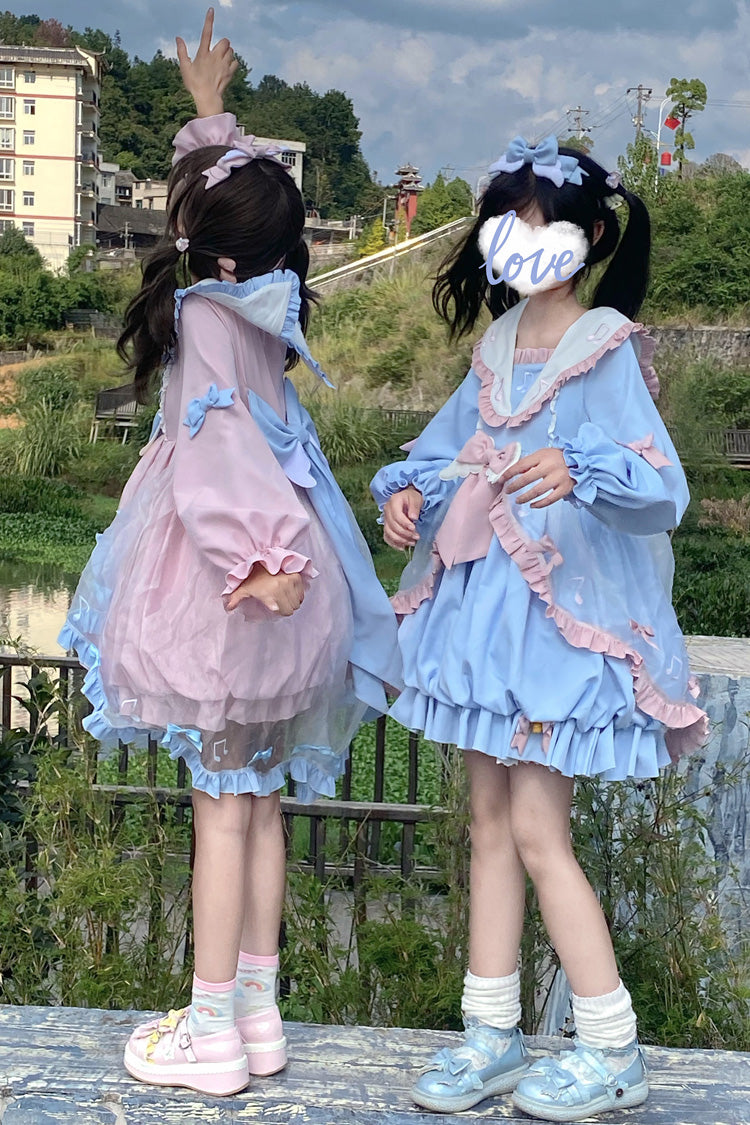 Music Note Print Blue Lace Sweet Lolita Dress with Bow