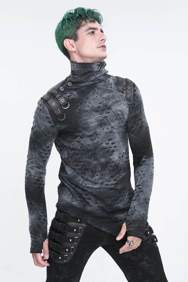 Men's Punk Shirt with Irregular Ripped Details, Stand Collar, Grey/Black