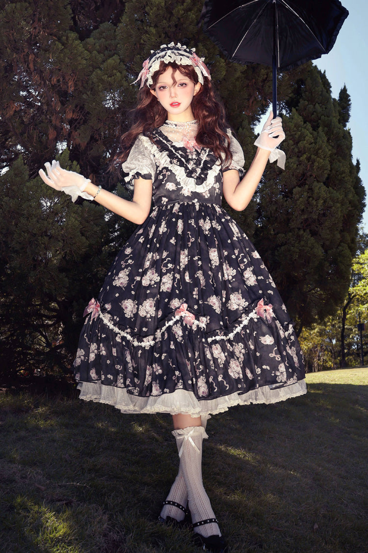 Daydream Rose Floral Jacquard Print Ruffle Embroidered Bow Sweet Lolita Dress in Three Shades