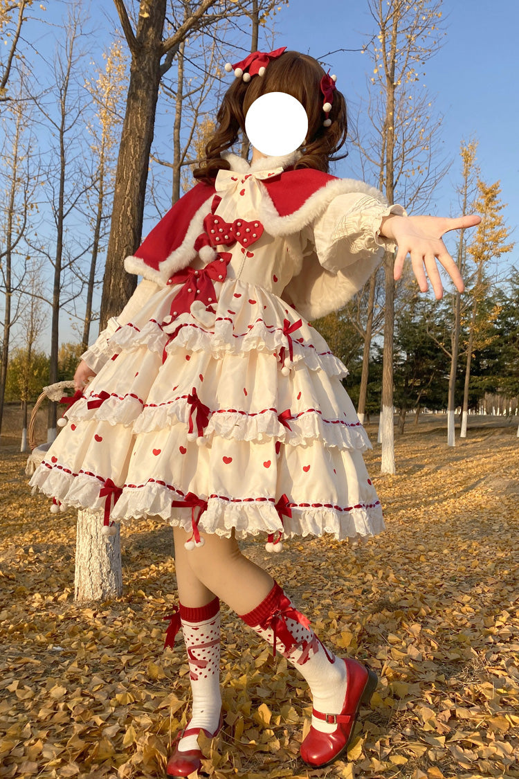 Crimson Apricot Triple-Layered Printed Ruffled Bow Lace Sweet Princess Lolita Dress with Cape