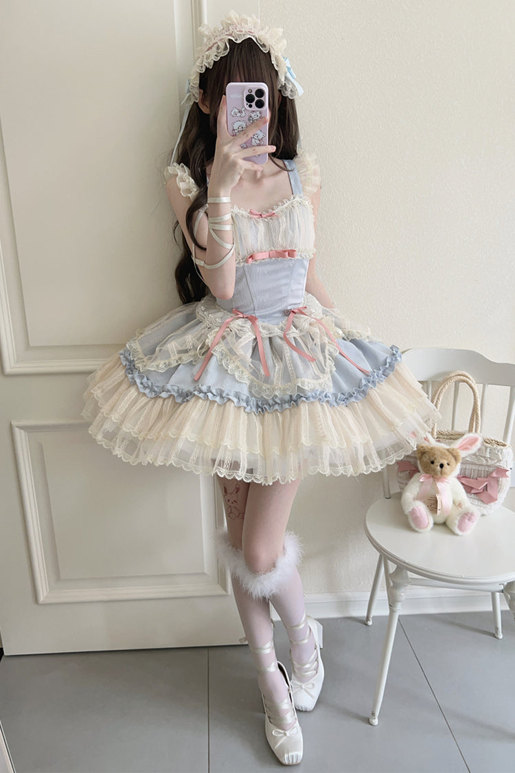 Flower Season Bow-Trim Lace Ballet Lolita Jumper Skirt in Four Colors