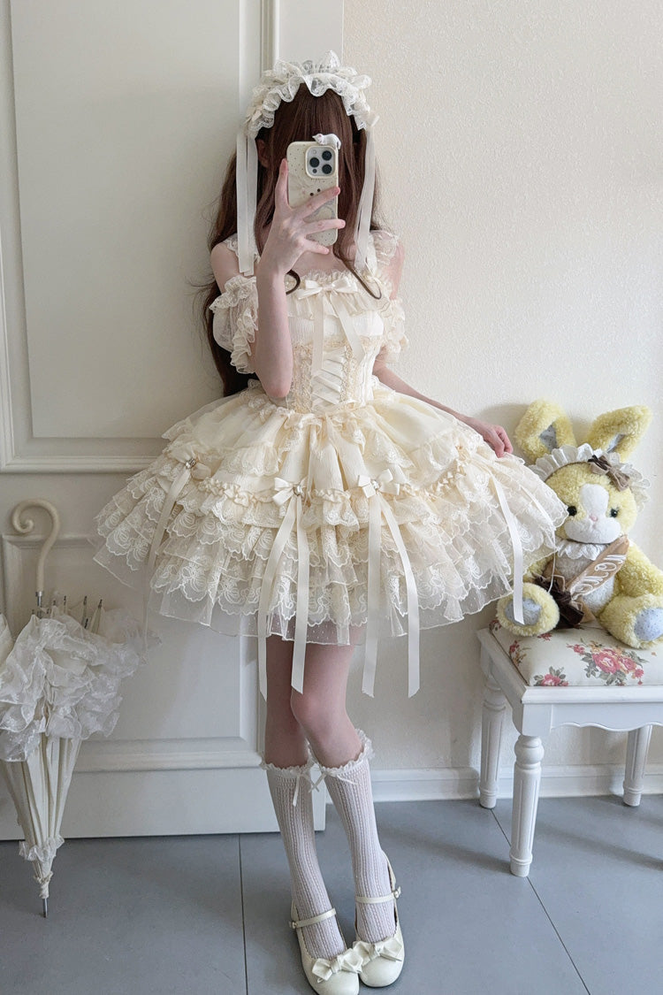 Peach Sleeveless Layered Ruffle Bow Lace Corset Ballet Jumper Dress - Ribbon Heart Love