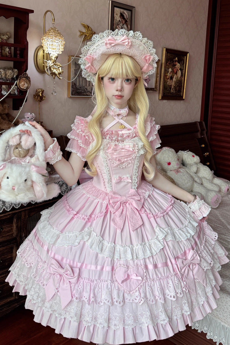 Blush Triple-Tier Ruffle Bow Elegant Lolita JSK - Super Cute Belia