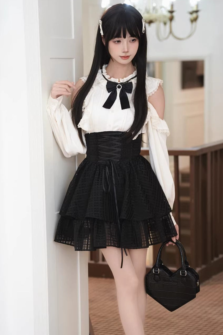 Double-Layered Cut-Out Bow Lace-Up Classic Jirai Kei Skirt Set