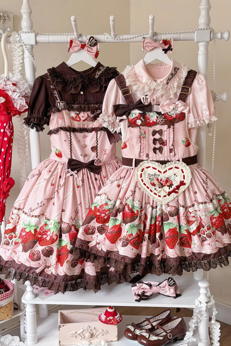Rose Sleeveless Embroidered Bow Lace Lolita Strap Dress - Strawberry Chocolate Lover
