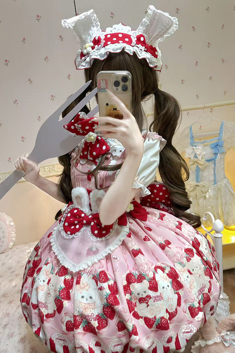 Strawberry Print Sleeveless Bowknot Sweet JSK Dress in 2 Colors - Cream Rabbit Strawberry